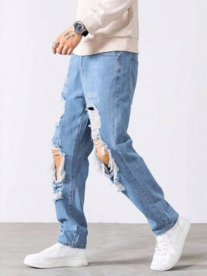 DEVIL-DENIM Men's Cotton Cut-Out Ribbed Frated Cat Scratches Jeans